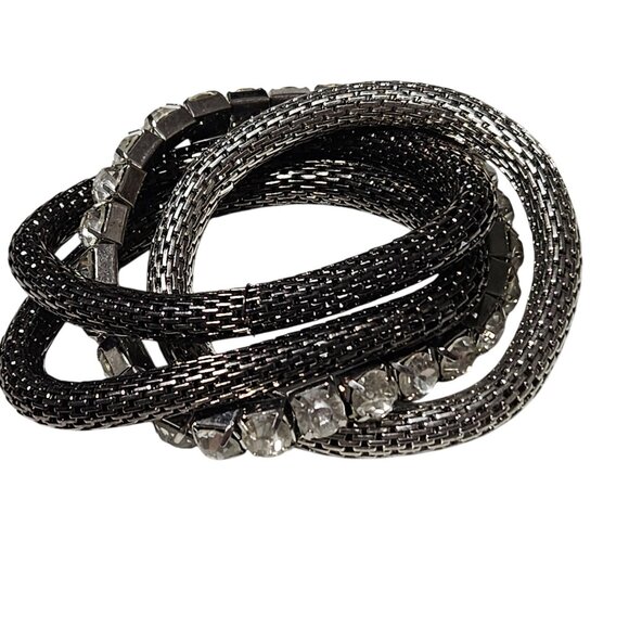 Chunky Silver Tone Mesh Rhinestone Bangle Bracelet Multi Strands Fashion Jewelry - Picture 1 of 2